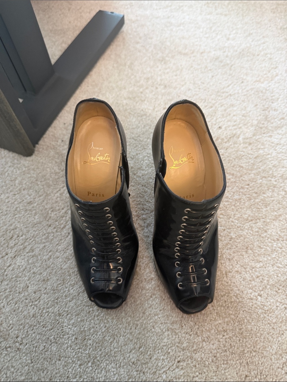 Christian Louboutin Black Patent Lace-Up Peep-Toe Booties